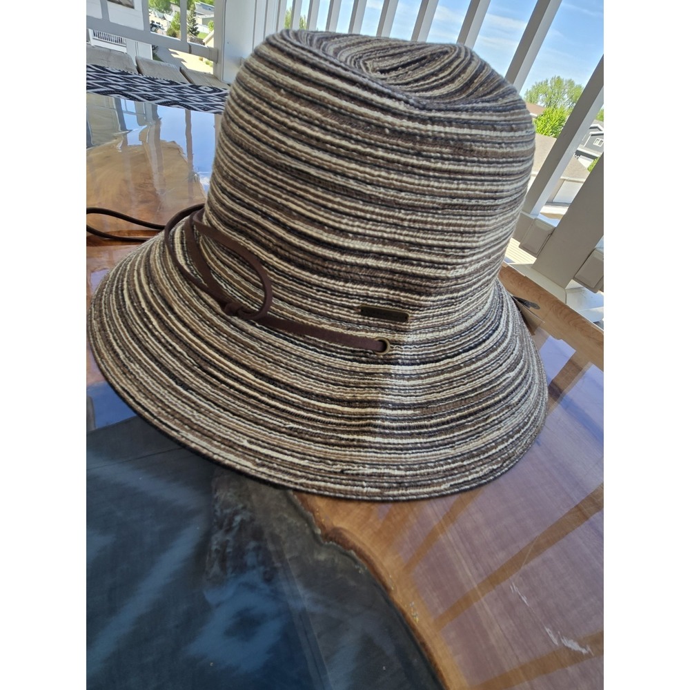 NWT Eddie Bauer Packable Straw Hat L/XL Brown Stripe Wide Brim Sun Hat Travel - Picture 10 of 15